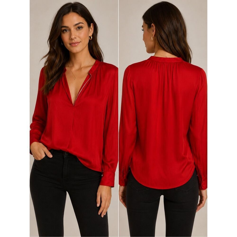 Zadig & Voltaire Tink Satin Red Long Sleeve V-Neck Blouse Top Medium #786
